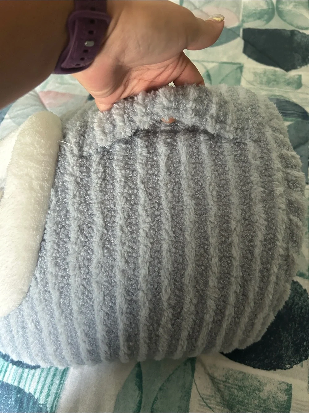 Cozy Gray Sherpa Pet Cave Bed with Cream Trim